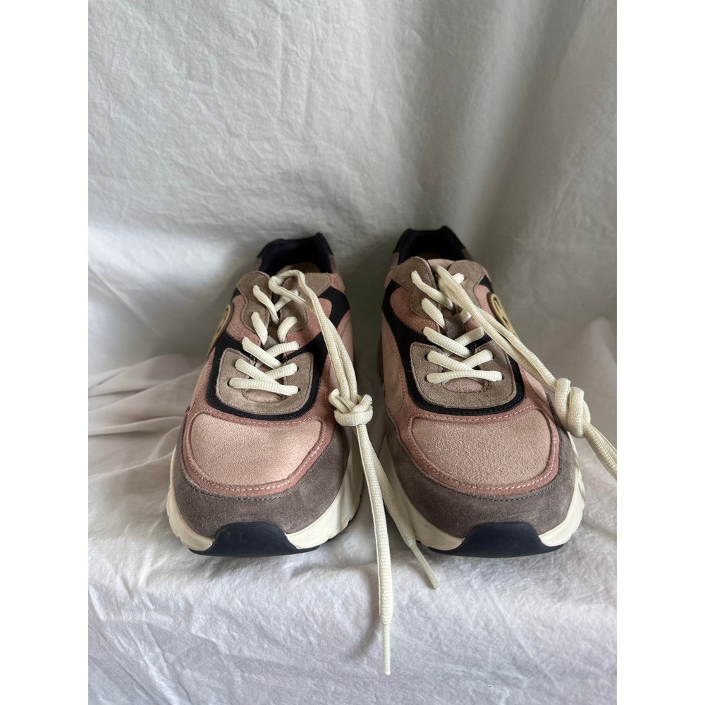 Tory Burch Good Luck Trainer Sneakers Pink Brown Suede Colorblock Logo Shoes